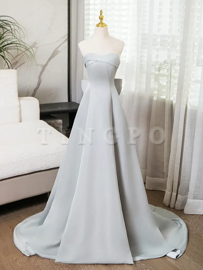 Wholesale A-Line Sweetheart Neck Satin Gray Long Prom Dress Gray Long Formal Dress gowns evening dresses 